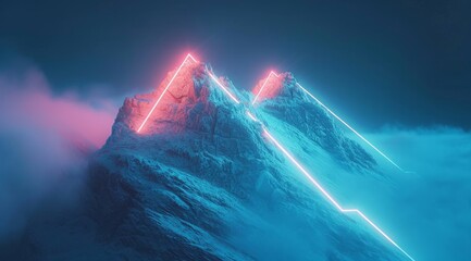 Two lights create a line on the top of a mountain, featuring luminous 3D objects, conceptual digital art in dark white and light blue, conceptual embroideries, and a tilt shift effect.