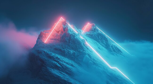 Two lights create a line on the top of a mountain, featuring luminous 3D objects, conceptual digital art in dark white and light blue, conceptual embroideries, and a tilt shift effect.