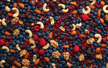 Many dried fruits and nuts are arranged on the ground, influenced by precisionism, in a warmcore style, with light navy and dark maroon colors.