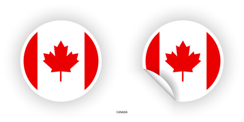 Canada circle sticker flag set icon with peel off isolated on white background. Canada circular sticker flag set icon with white border on white background.