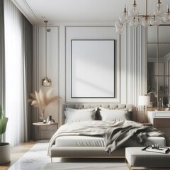 blank poster frame mockup in a white luxury bedroom