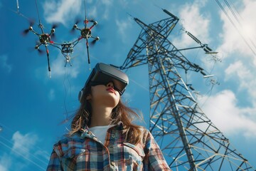 A female engineer uses a drone and virtual reality glasses, inspects the area of high-voltage poles from a bird's-eye view to inspect the equipment on high-voltage poles.