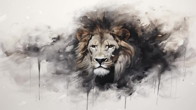 regal lion materializing through smoke abstract ink. animal illustration on white background. seamless looping overlay 4k virtual video animation background 