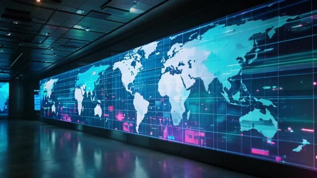 large world map on monitor corporate media video wall mainstream media set news broadcast concept Generative AI