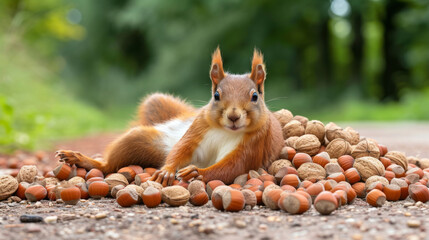 Humorous image of a squirrel provocatively laying on top of a pile of nuts