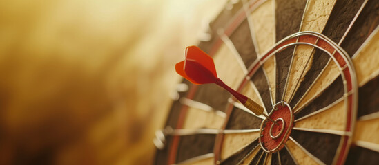 Close-up of a dart sticking in the bullseye of a dart board with copy space - obrazy, fototapety, plakaty
