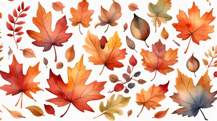 Watercolor Autumn Leaves on White Background  