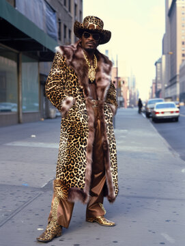 1970's pimp dressed in leopard skin fur coat