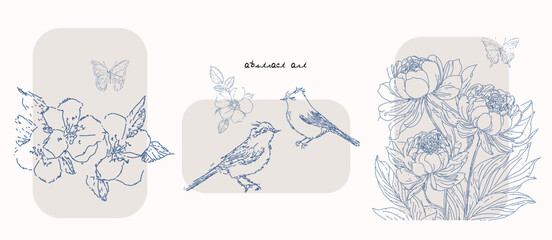 Spring birds, blossom flowers, butterflies, vector illustration © Anna Sokol