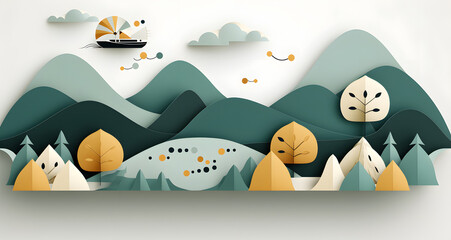 an illustration of a flat landscape with a boat and mountains