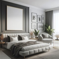 blank poster frame mockup in a white luxury bedroom