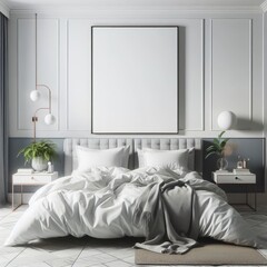 blank poster frame mockup in a white luxury bedroom