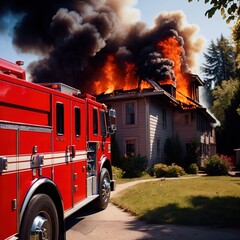 Fototapeta na wymiar Fire engine truck next to house residential building on fire, emergency response photo