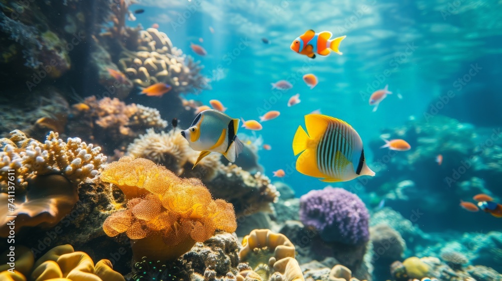 Poster Tropical sea underwater fishes on coral reef. Aquarium oceanarium wildlife colorful marine panorama landscape nature snorkel diving