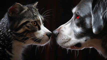 Rabies prevention and pet health.Dog with red eyes and cat with dog-like nose standing nose to nose