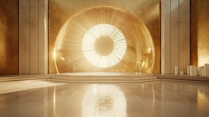 a golden sunburst in front of a mirrored background. 3D illustration of minimalist golden stage design.