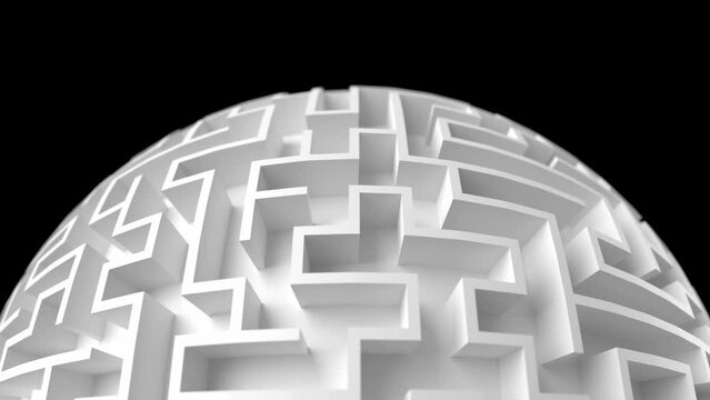 spherical maze rotation 3d animation. Can be used to represent problem solving intelligence, obstacle complexity or challenge decision