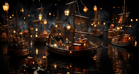 Fototapeta na wymiar many small wooden vessels with lit sails float in water