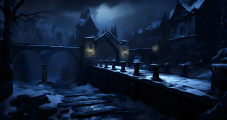 a bridge that leads to a dark castle in the snow