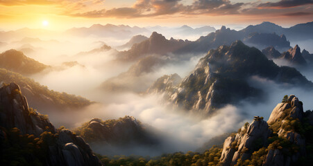 fogy mountains are shown at sunrise with trees on them