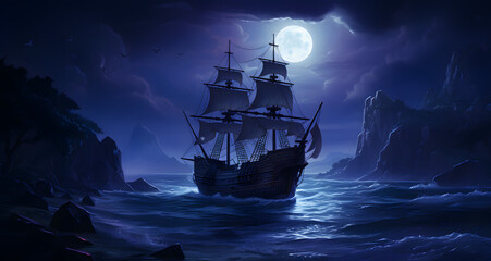 an animated pirate ship sailing through the ocean under a full moon