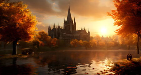 the sun rises behind the church and its spires