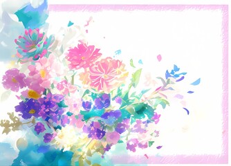 キラキラカラーグラデーション花と若葉イラスト
