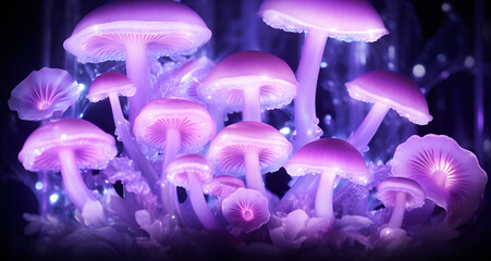 purple mushrooms on a black background in a group