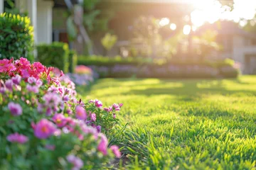 Gordijnen Beautiful manicured lawn and flowerbed with shrubs in sunshine © Kien