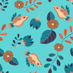 Naklejka premium pattern blue background, spring, birds, sewing