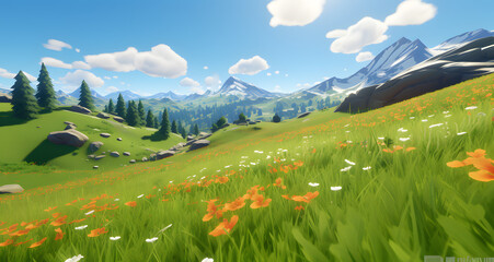the flowers are in front of mountains in the grass