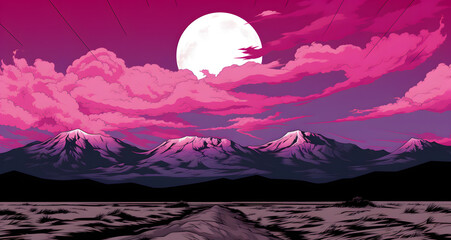 two mountains on a pink sky with purple and purple skies