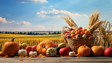 Basket Of Pumpkins Apples And Corn On Harvest Table With Field Trees And Sky Background