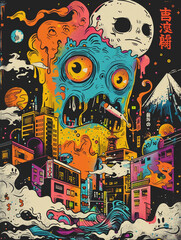 Comic Chaos: Abstract Vector Illustration of a Cityscape Teeming with Monstrous Intruders