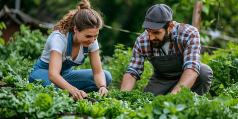 Young couple working in the garden. They are harvesting fresh vegetables.
