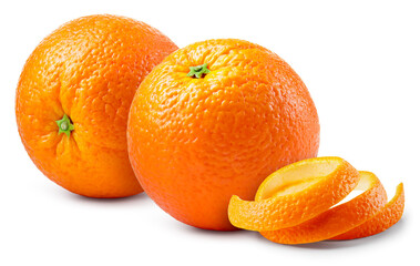 Orange isolated. Oranges with twisted peel on white background. Orange fruit with zest. Clipping path. Full depth of field.