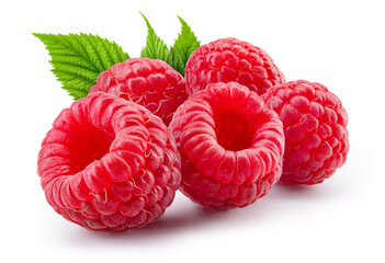 Raspberry isolated. Raspberries with green leaf isolate. Raspberry with leaves on white background....