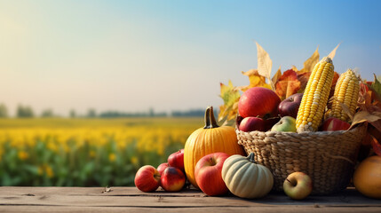 Basket Of Pumpkins Apples And Corn On Harvest Table With Field Trees And Sky Background