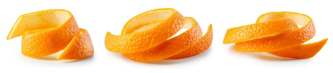 Orange twisted peel isolated. Orange fruit zest on white background. Citrus zest. Orange collection...