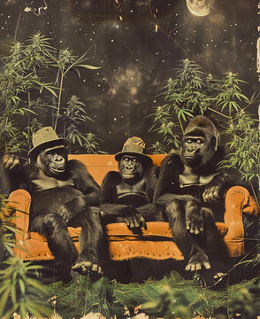 group of gorillas chilling on the chouch