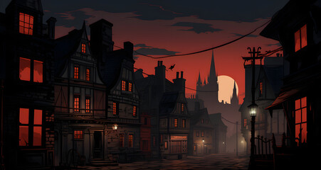a night time scene with a red moon and a dark town