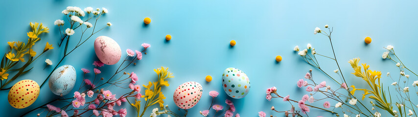 Blue Wall Adorned With Flowers and Eggs