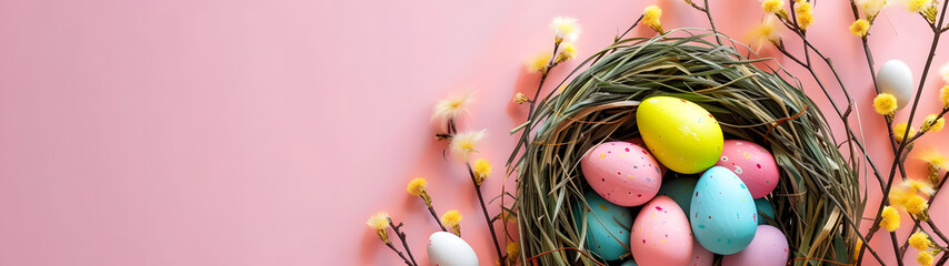 Eggs in Nest on Pink Background - obrazy, fototapety, plakaty