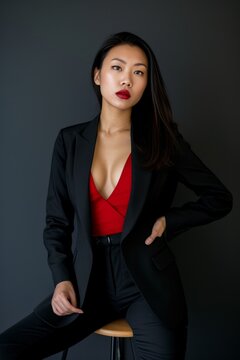 Professional Photography of an Asian Top Model Exuding Confidence and Power in a Business Attire Photoshoot, Generative AI