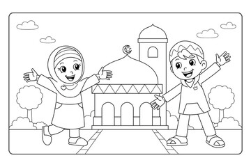 Muslim Kids Celebrating Holiday Cartoon Coloring Page BW