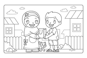 Kids Giving With Others Cartoon Coloring Page BW