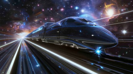 High speed train slicing through space stars streaking past a cosmic journey - obrazy, fototapety, plakaty