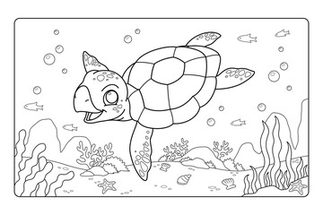 Underwater Sea Turtle Cartoon Coloring Page BW