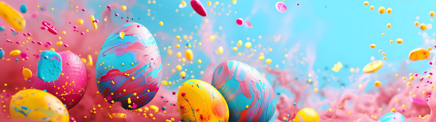 Colorful Eggs Floating in the Air - obrazy, fototapety, plakaty