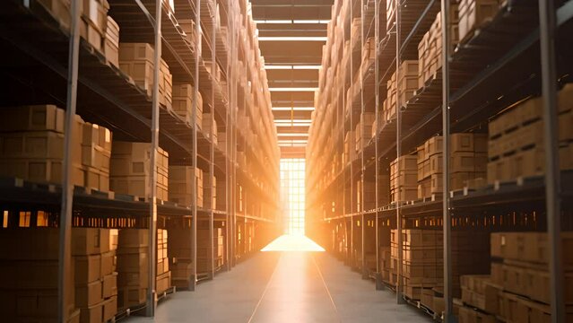 Warehouse full of Shelves with Goods in Cardboard Boxes and Packages. Logistics, Sorting, and Distribution Facility for Product Delivery.